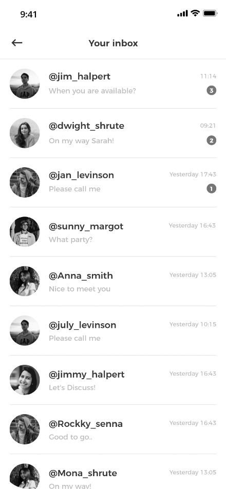 wireframes chat list screen